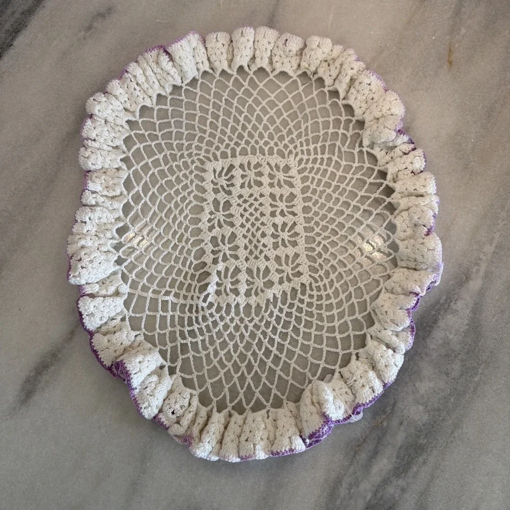 vintage hand crocheted doily White With Lilac Trim GWB000